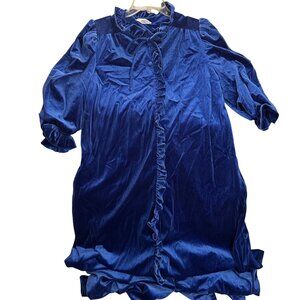 Vintage Miss Elaine Sz Large Blue Velvet Long Sleeve Nightgown Ruffle Trim
